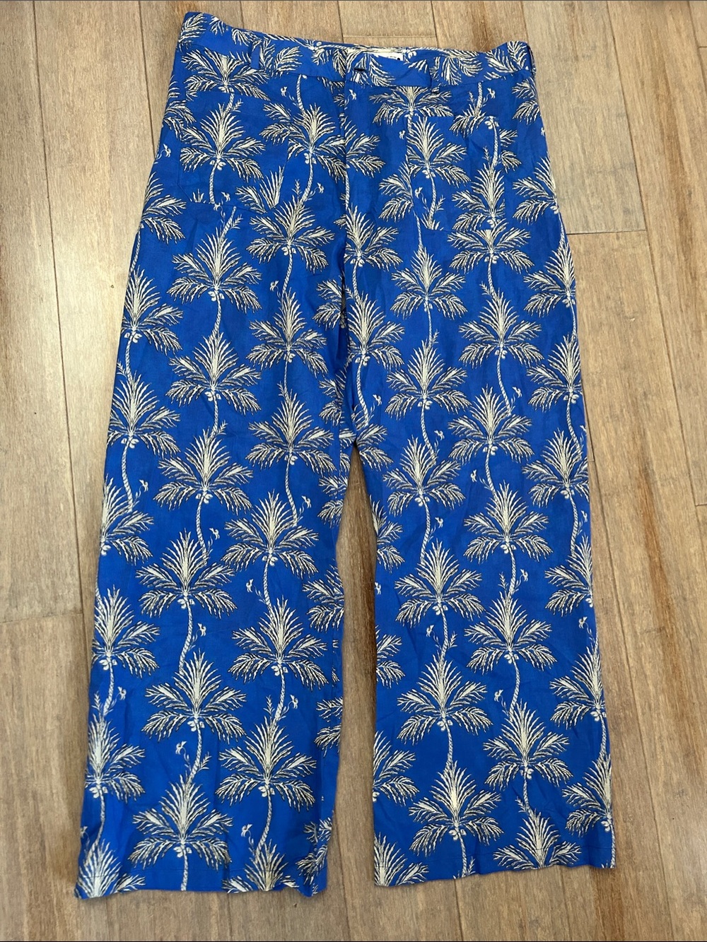 Zara cotton semi- sheer Blue Palm-Print Lounge Pants front pockets no side stich